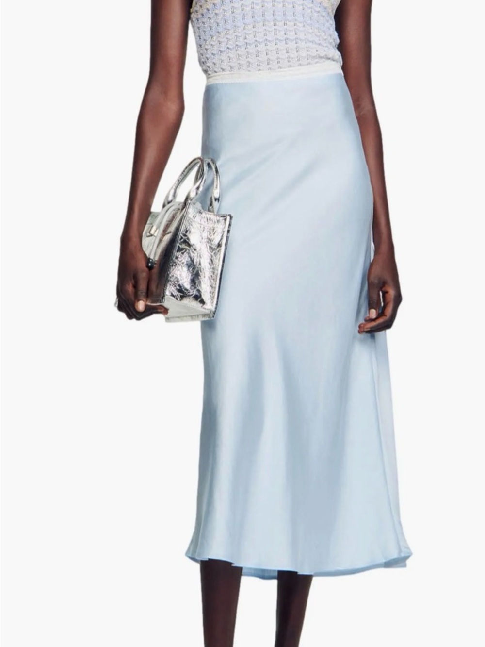 Sandro Pale Blue Satin Midi Skirt